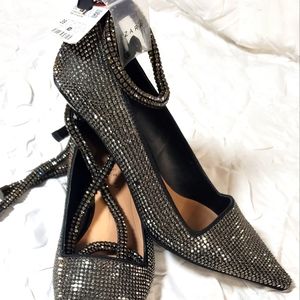 Zara silver shiny Studded ,strappy, pointed toes shoes